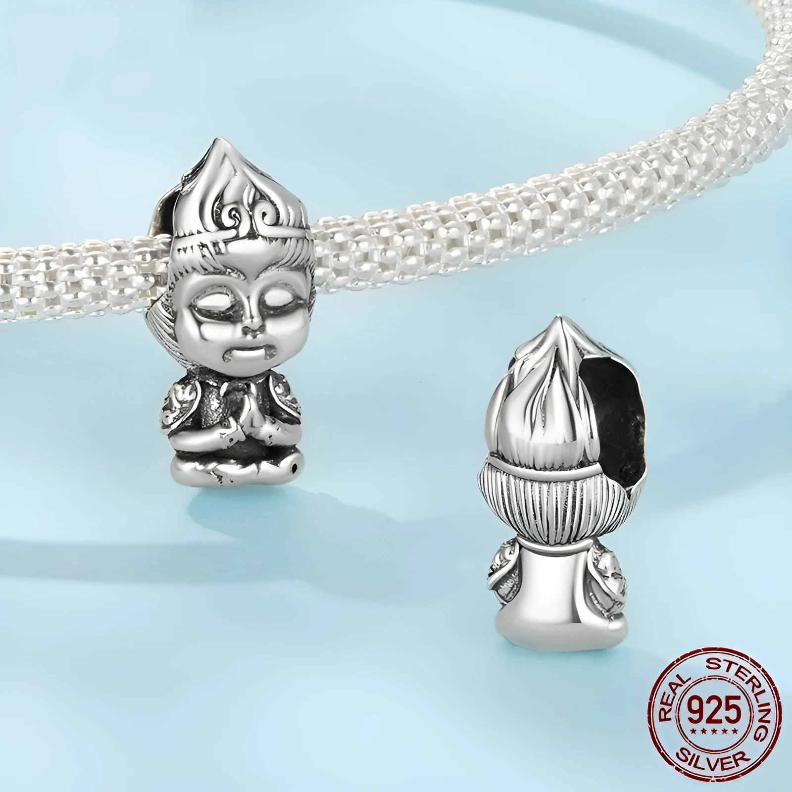 Cartoon S925 sterling silver bead with pearlescent finish, 1.3cm high, 0.6cm wide, 0.45cm aperture