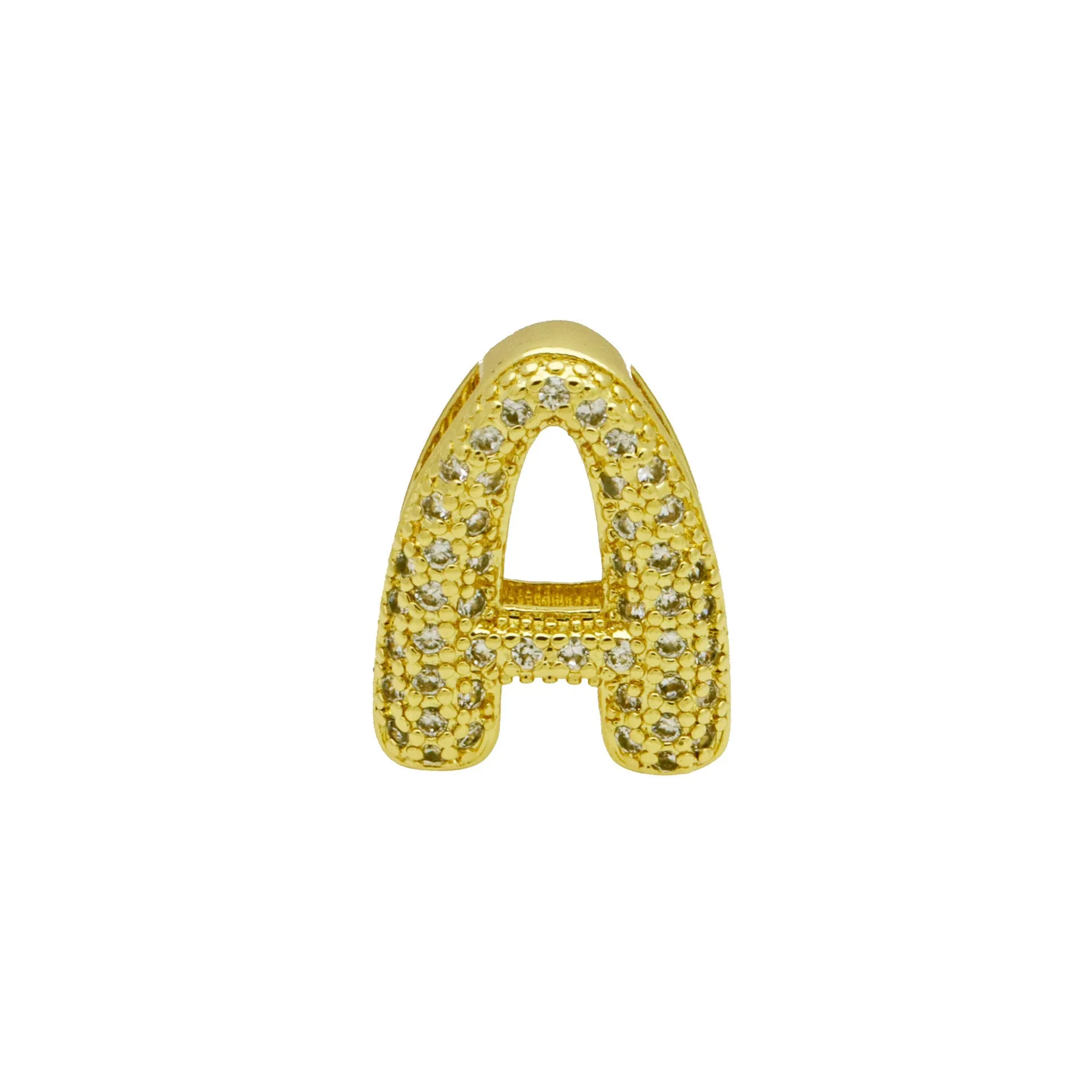 Copper letter bracelet with a single 'A' charm featuring micro inlaid zirconium detail on a gold-finished chain.