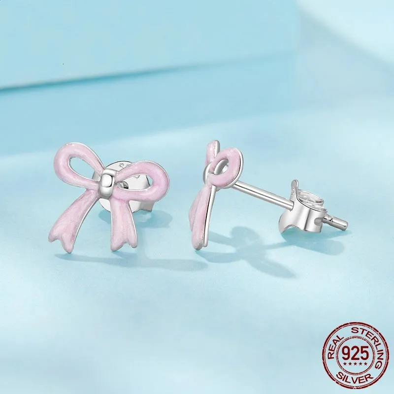 Women's S925 sterling silver bow stud earrings, SCE1925 colour, dripping oil finish