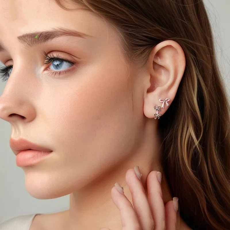 Women's S925 sterling silver bow stud earrings, SCE1925 colour, dripping oil finish
