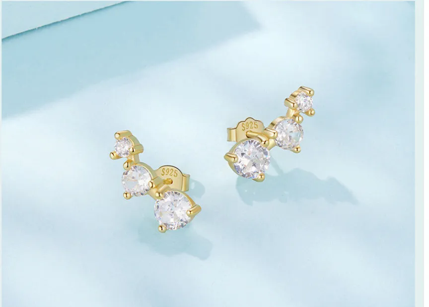 925 silver cold wind three-claw zircon stud earrings round geometry women