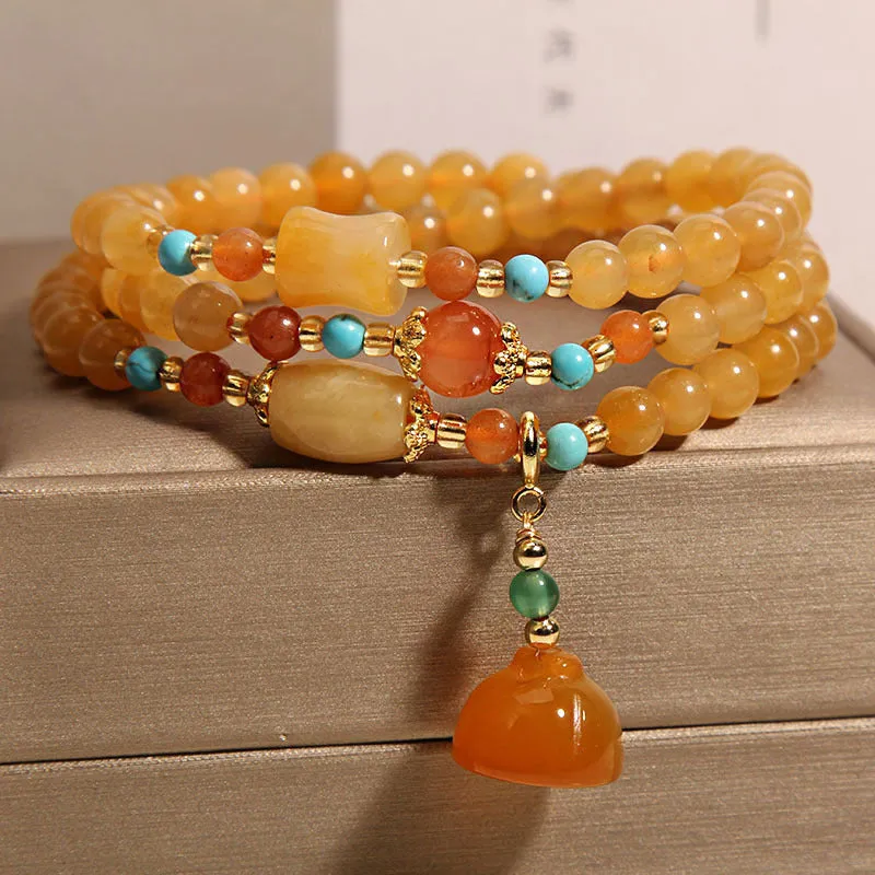 Three-layer jade bracelet with carved lotus seedpod pendant, Jinsi jade, women's retro style