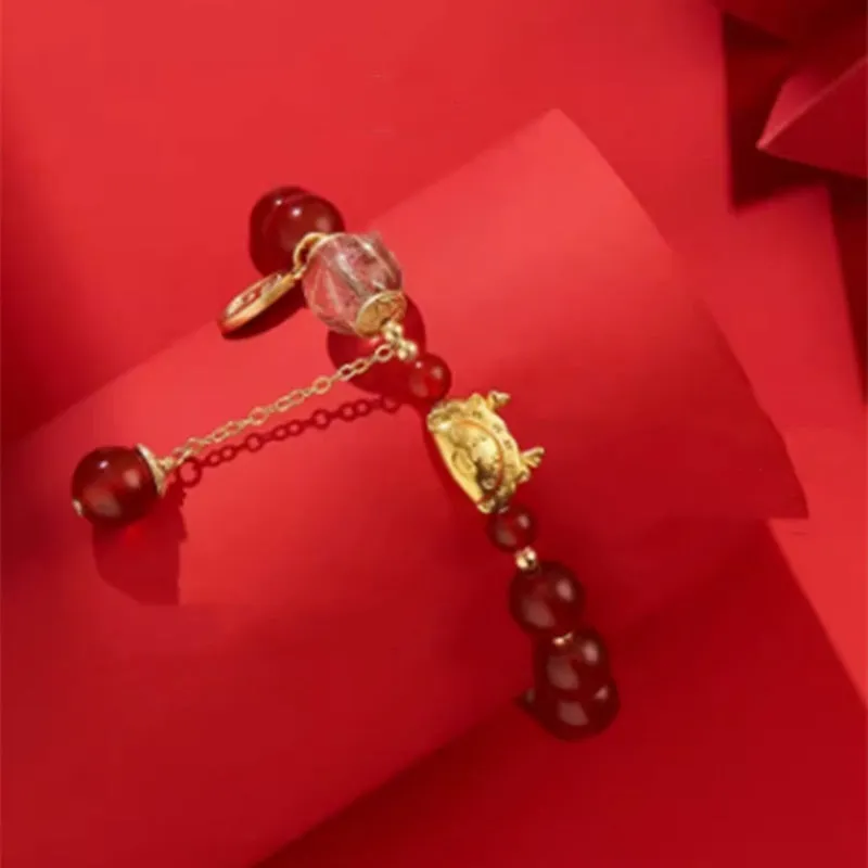 Hetian jade and red agate bracelet with dragon motif, 8mm beads, 925 silver and 14k gold plating