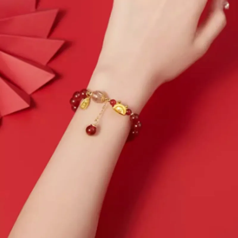 Hetian jade and red agate bracelet with dragon motif, 8mm beads, 925 silver and 14k gold plating