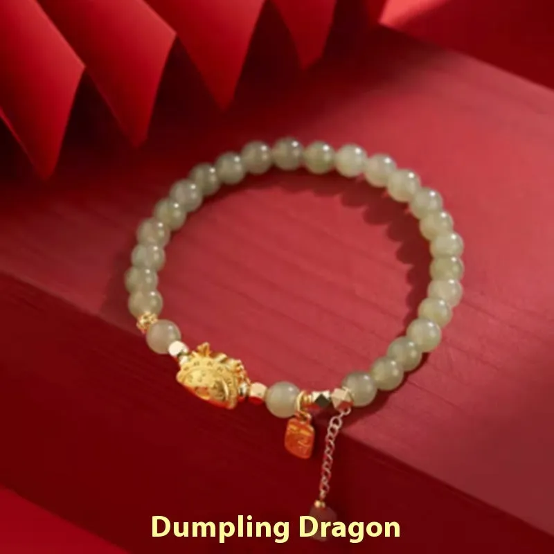 Hetian jade and red agate bracelet with dragon motif, 8mm beads, 925 silver and 14k gold plating