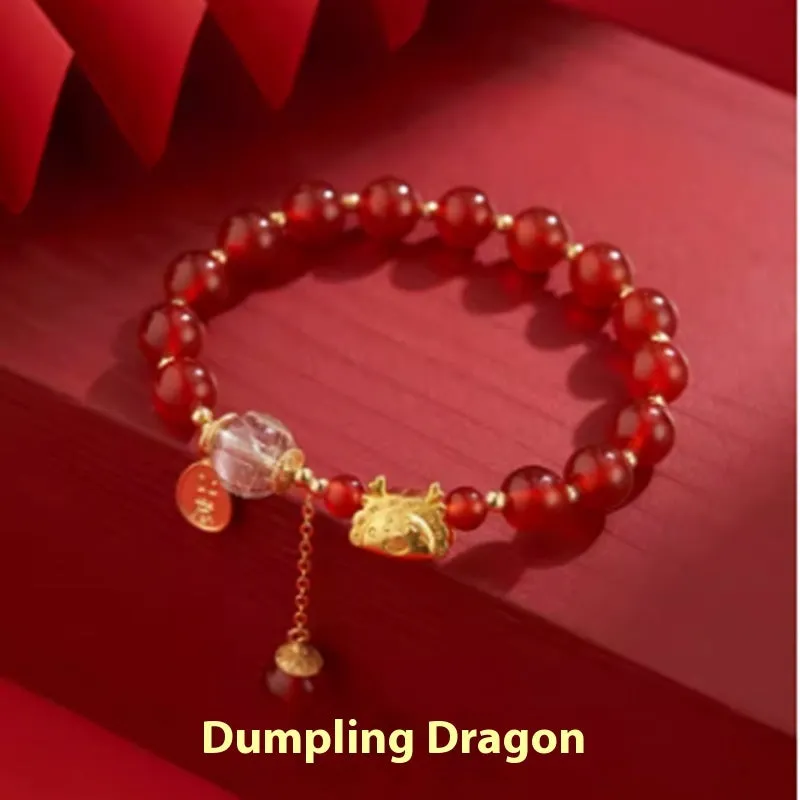 Hetian jade and red agate bracelet with dragon motif, 8mm beads, 925 silver and 14k gold plating