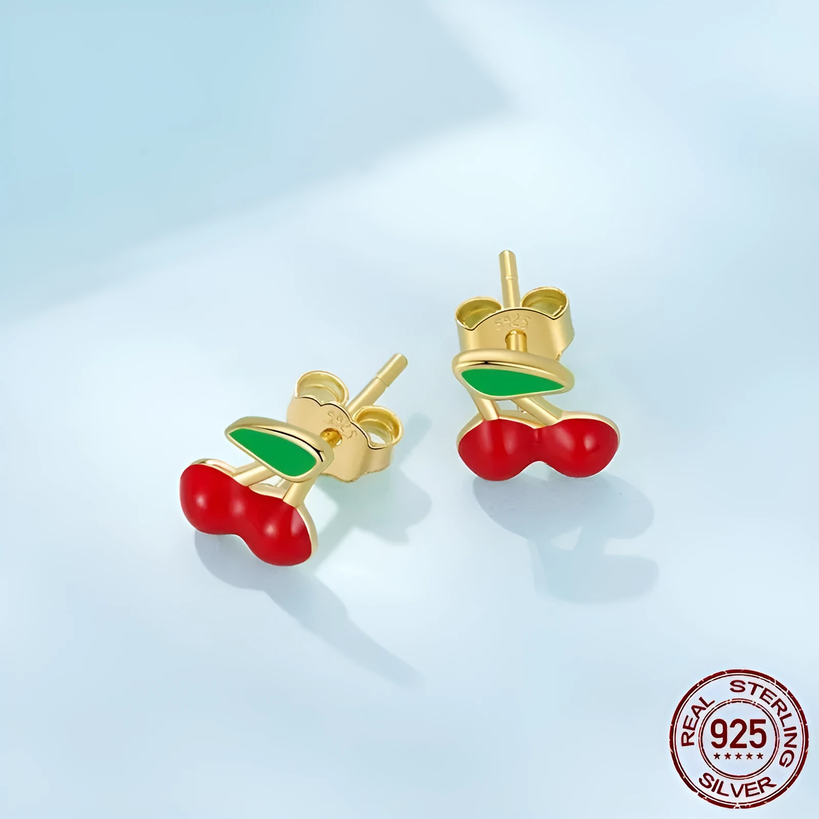 Pair of red small cherry stud earrings in 925 sterling silver with glossy dripping oil finish