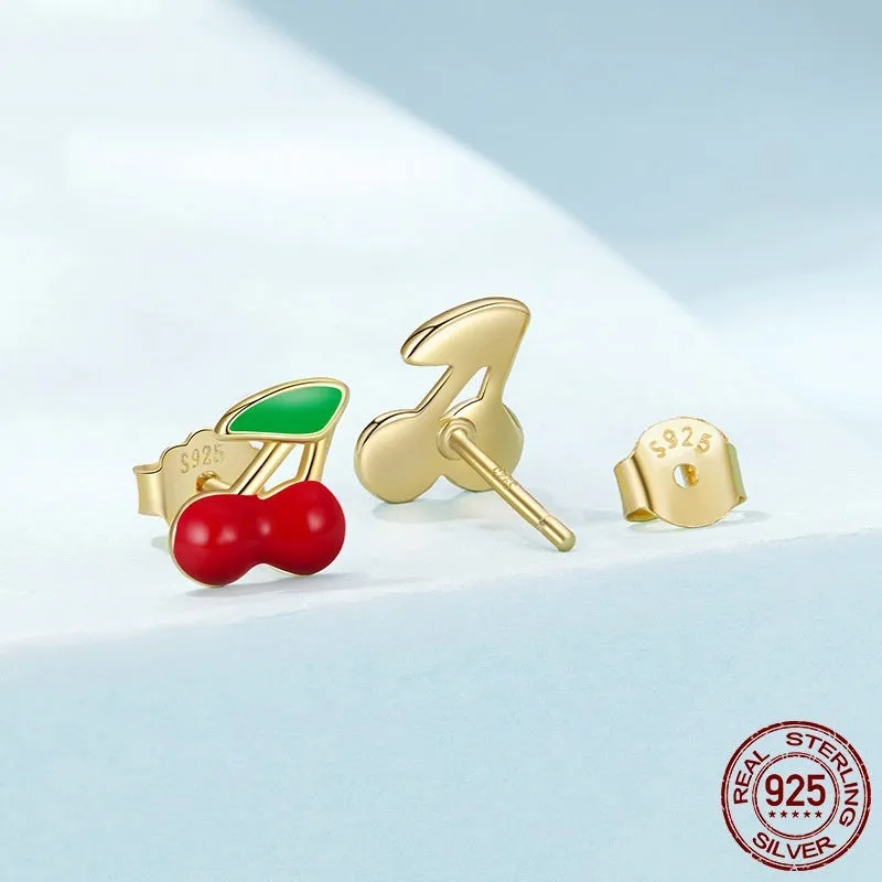 Pair of red small cherry stud earrings in 925 sterling silver with glossy dripping oil finish