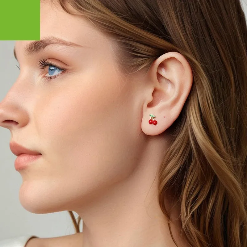 Pair of red small cherry stud earrings in 925 sterling silver with glossy dripping oil finish