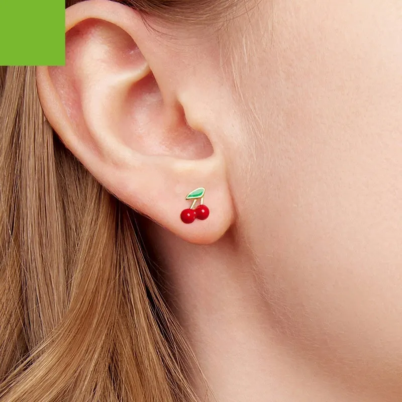 Pair of red small cherry stud earrings in 925 sterling silver with glossy dripping oil finish
