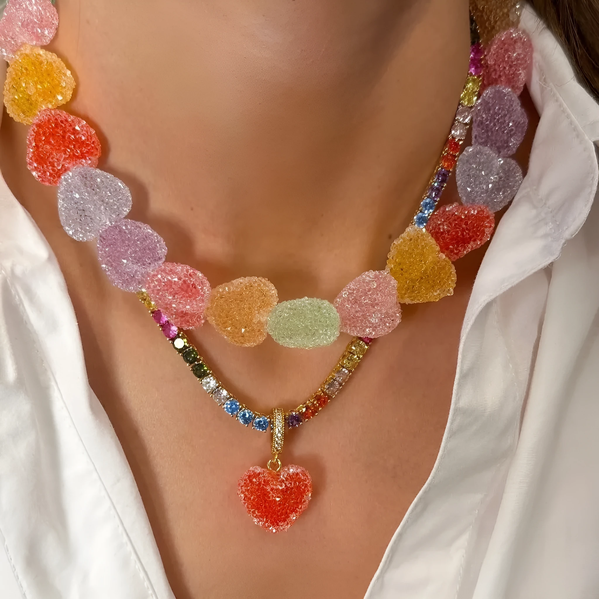 Colored loving heart resin necklace and earrings set with heart-shaped pendant and matching earrings in candy colours