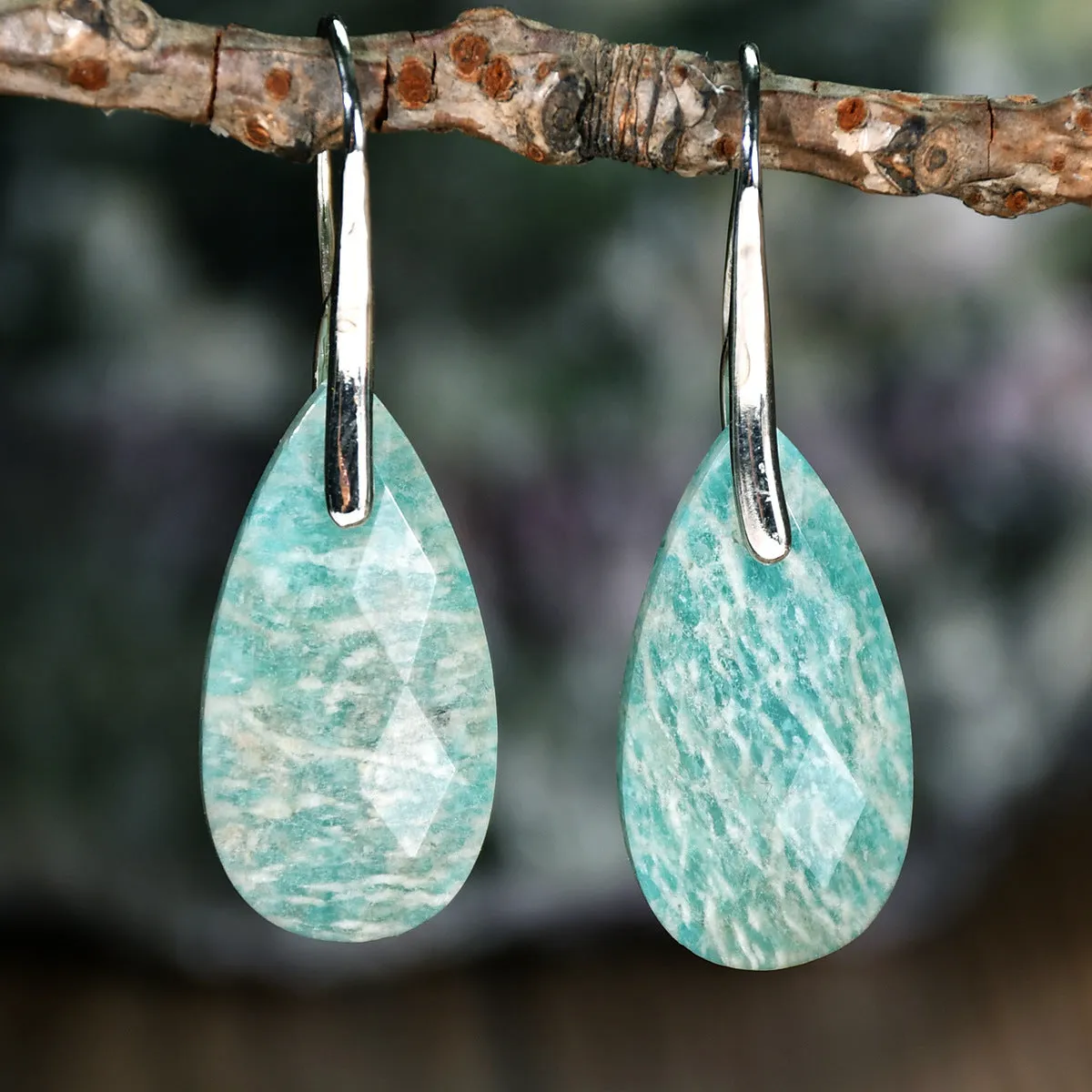 Drop shape earrings for women, pink crystal and green Dongling copper, electroplated finish, Amazonite and pink crystal colour options