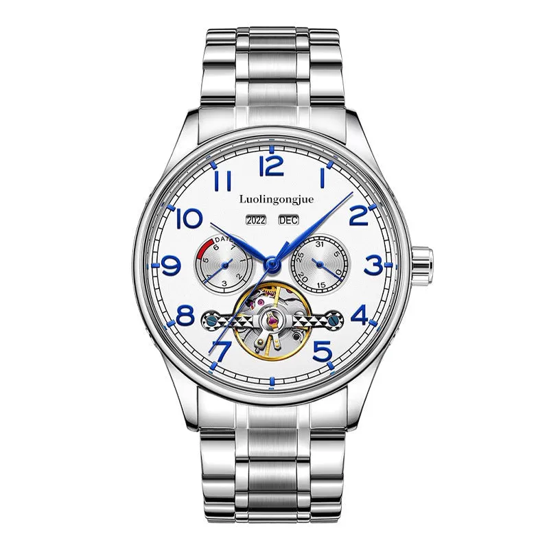 Men's stainless steel mechanical watch with hollow dial, sapphire glass, and leather strap.