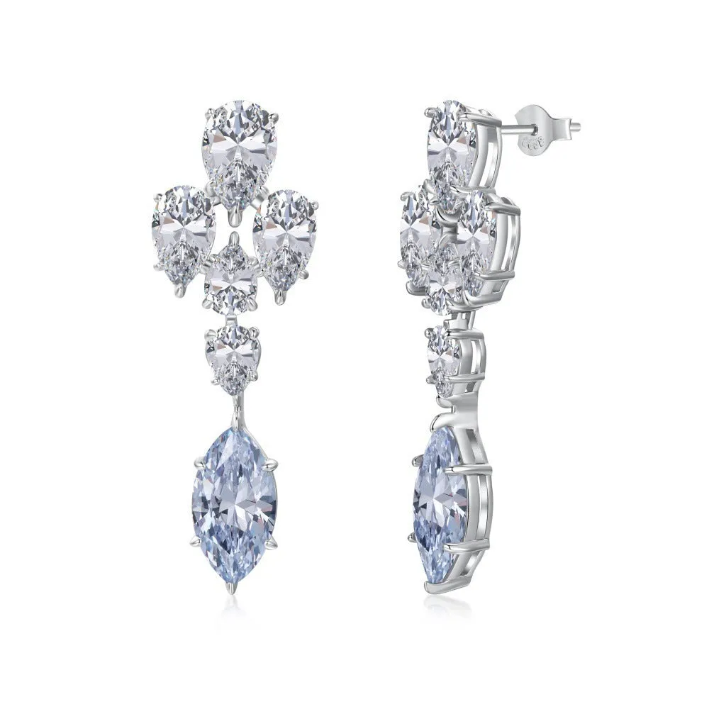 Pair of S925 sterling silver drop-shaped stud earrings with Platinum White Diamond electroplated finish on white background