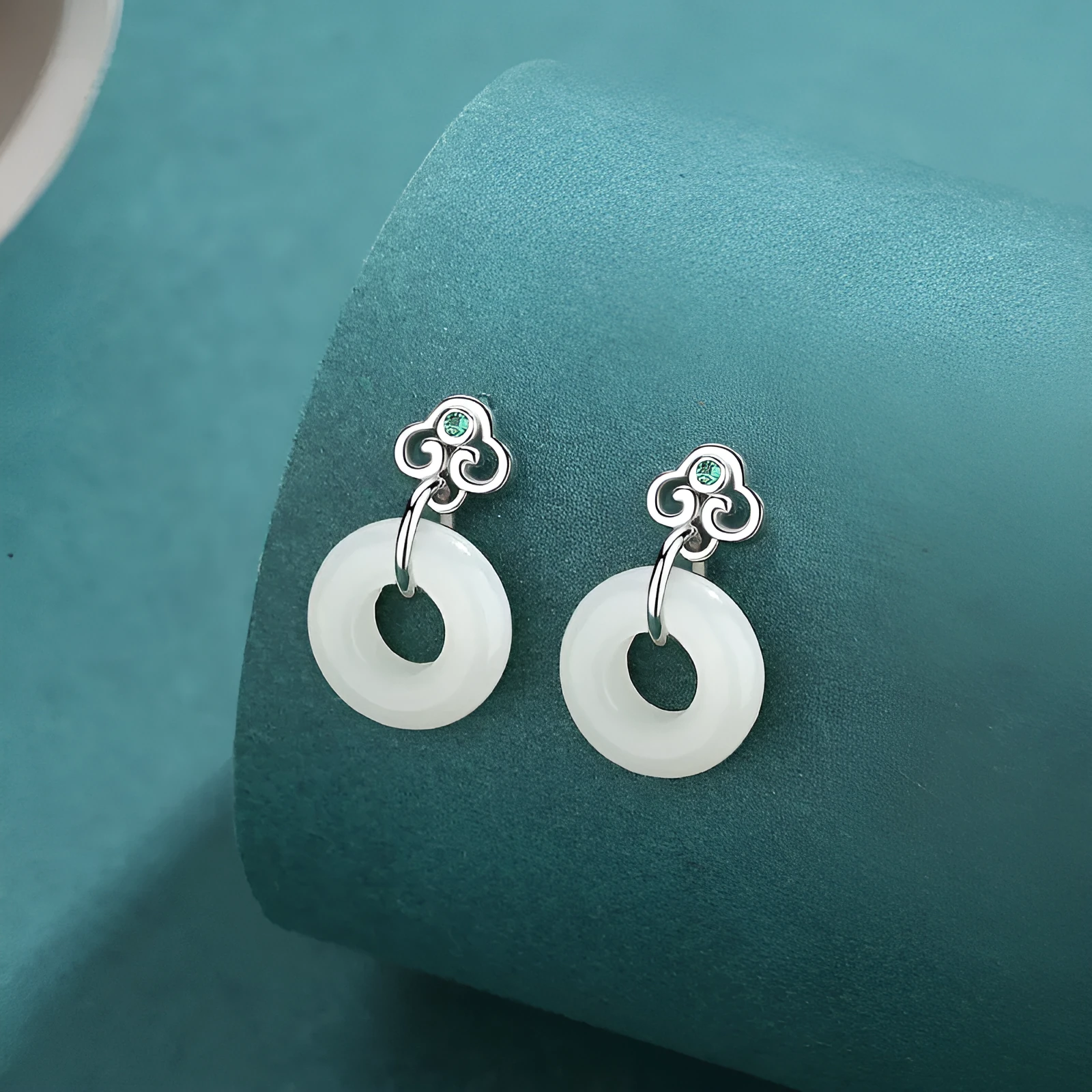 Chinese Ruyi safety buckle earrings in S925 sterling silver with natural Hetian jade, geometric national fashion style