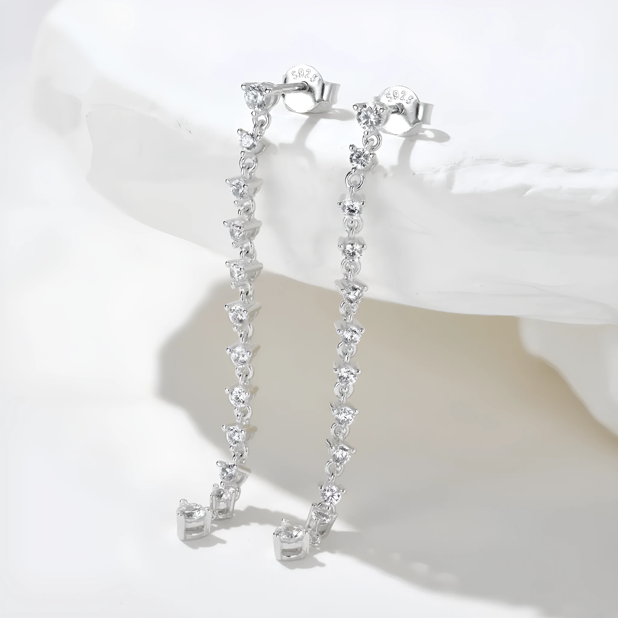 S925 sterling silver stud earrings with cubic zirconia and platinum electroplated geometric design