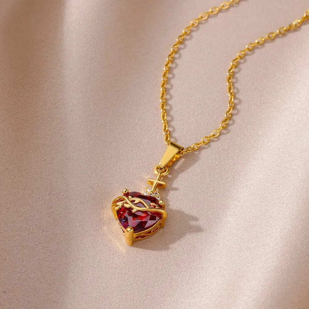 Stainless steel heart-shaped cross zircon necklace red pendant unisex 18K gold colour finish with adjustable chain