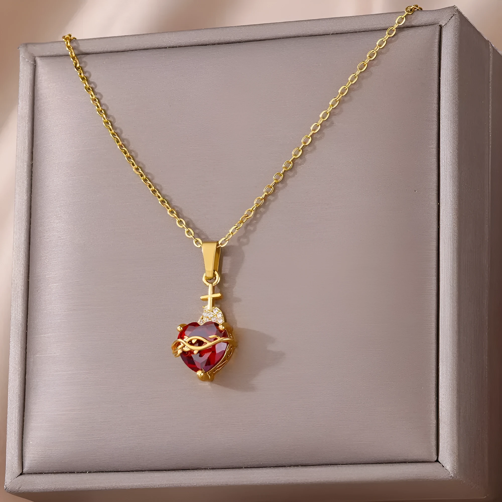 Stainless steel heart-shaped cross zircon necklace red pendant unisex 18K gold colour finish with adjustable chain