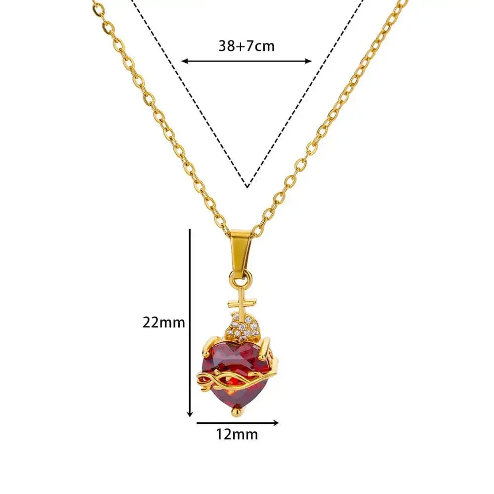 Stainless steel heart-shaped cross zircon necklace red pendant unisex 18K gold colour finish with adjustable chain