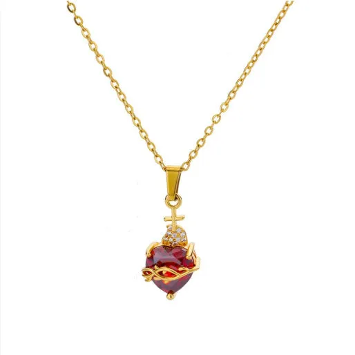 Stainless steel heart-shaped cross zircon necklace red pendant unisex 18K gold colour finish with adjustable chain