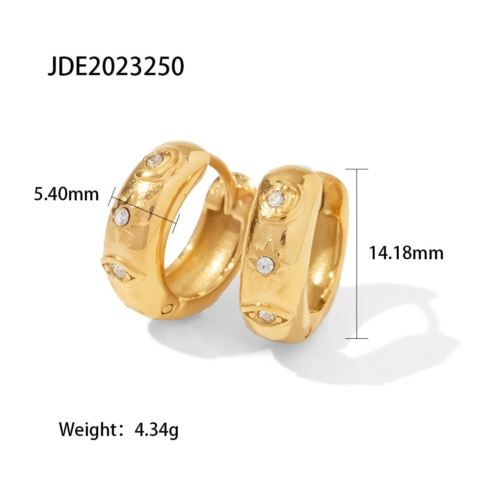 18K gold-plated stainless steel hoop earrings with devil's eye and cubic zirconia diamond inlay, geometric note shape