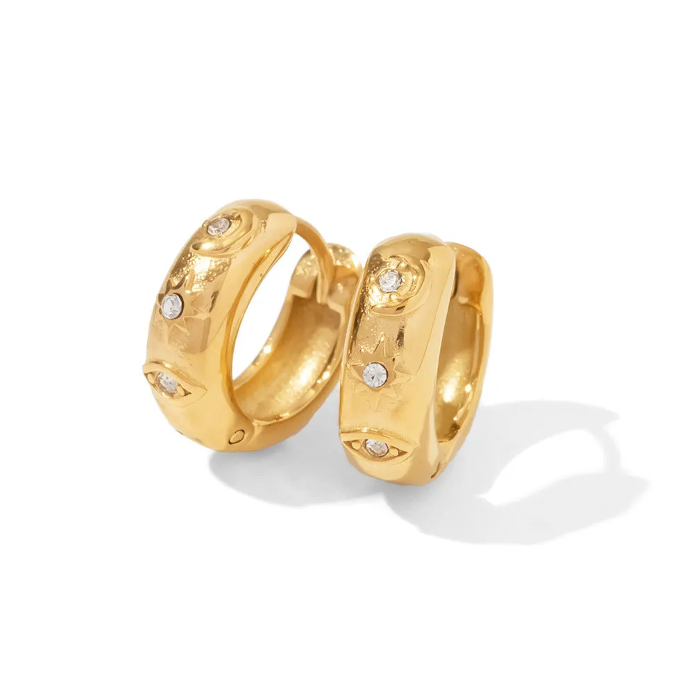 18K gold-plated stainless steel hoop earrings with devil's eye and cubic zirconia diamond inlay, geometric note shape