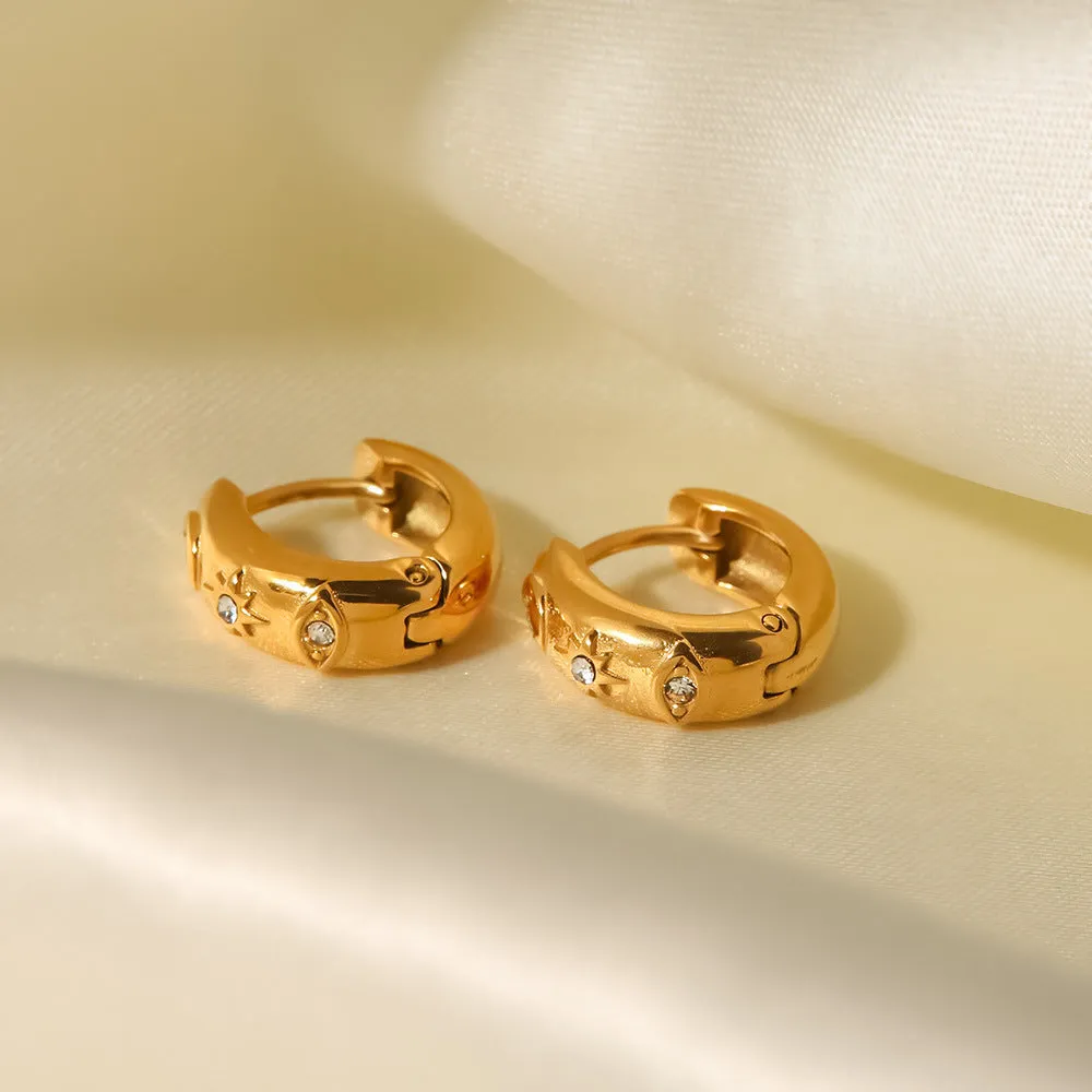 18K gold-plated stainless steel hoop earrings with devil's eye and cubic zirconia diamond inlay, geometric note shape