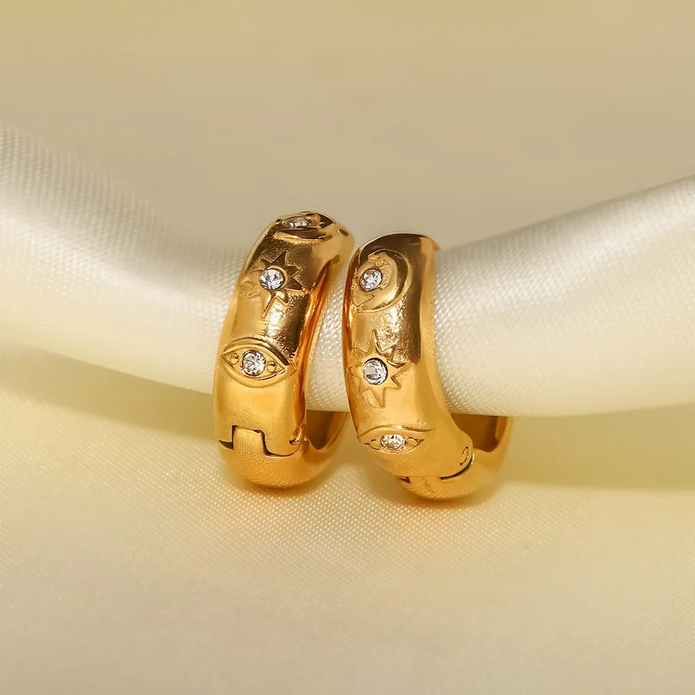 18K gold-plated stainless steel hoop earrings with devil's eye and cubic zirconia diamond inlay, geometric note shape