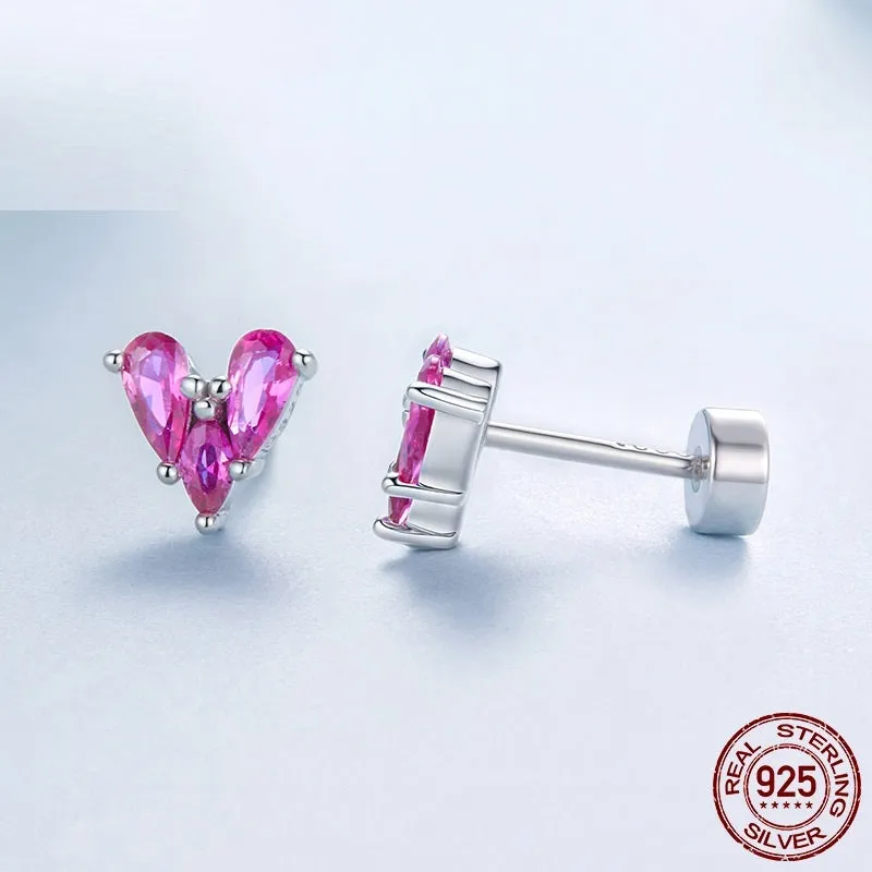 925 silver rose red heart-shaped small ear studs for women