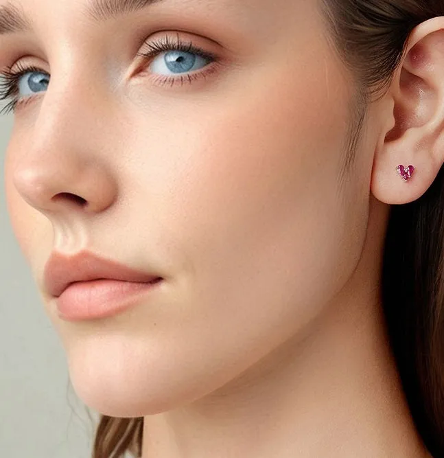 925 silver rose red heart-shaped small ear studs for women