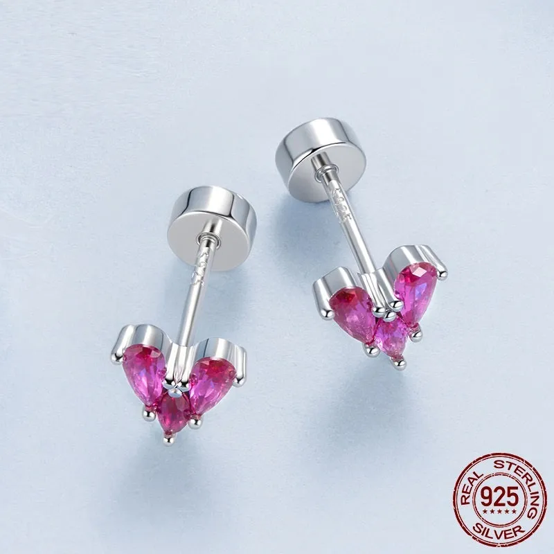 925 silver rose red heart-shaped small ear studs for women