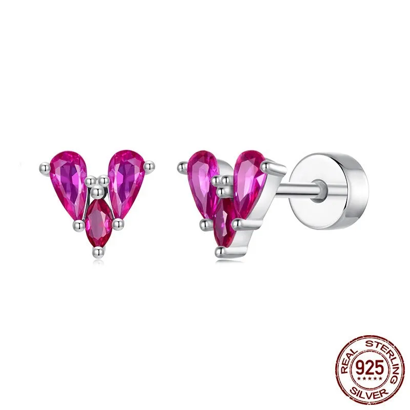 925 silver rose red heart-shaped small ear studs for women