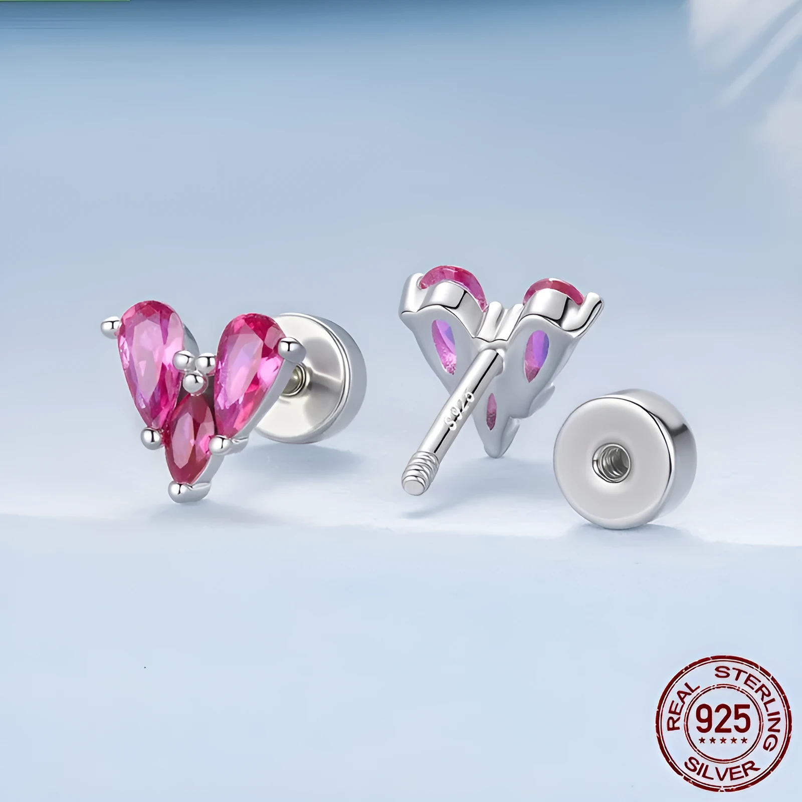 925 silver rose red heart-shaped small ear studs for women