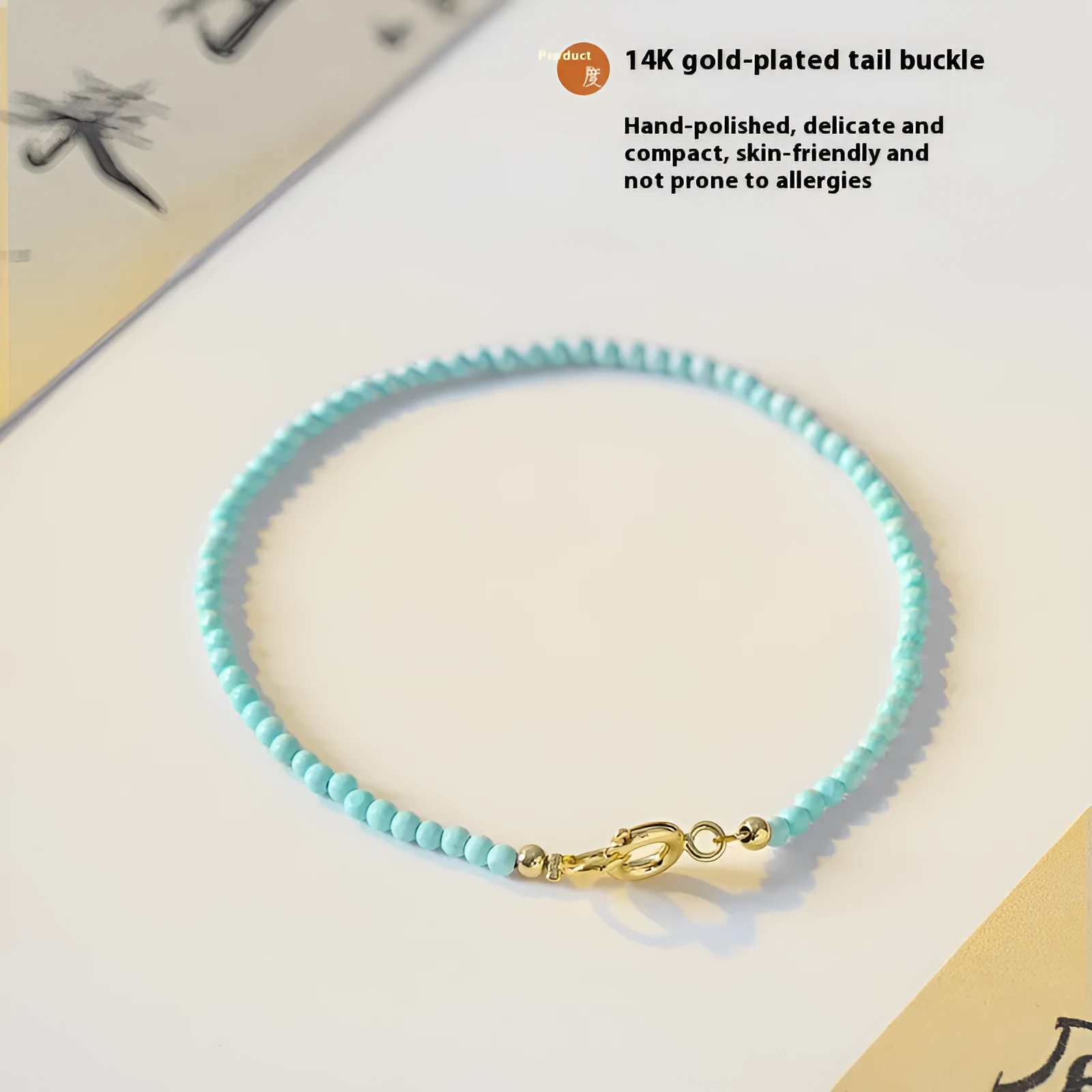 Close-up of a geometric bracelet made from small 2mm turquoise beads, shown in both raw and polished finishes, with a sizing chart for 14cm, 15cm, and 16cm wrists.