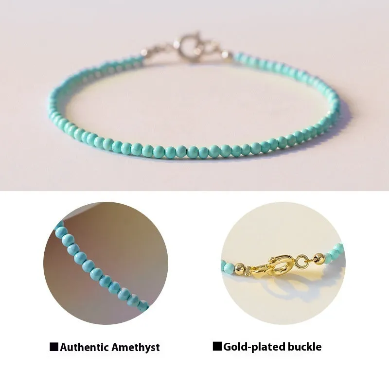 Close-up of a geometric bracelet made from small 2mm turquoise beads, shown in both raw and polished finishes, with a sizing chart for 14cm, 15cm, and 16cm wrists.