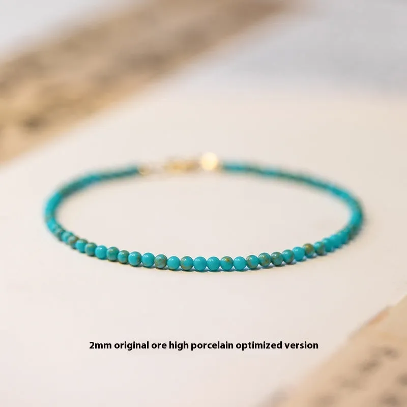 Close-up of a geometric bracelet made from small 2mm turquoise beads, shown in both raw and polished finishes, with a sizing chart for 14cm, 15cm, and 16cm wrists.
