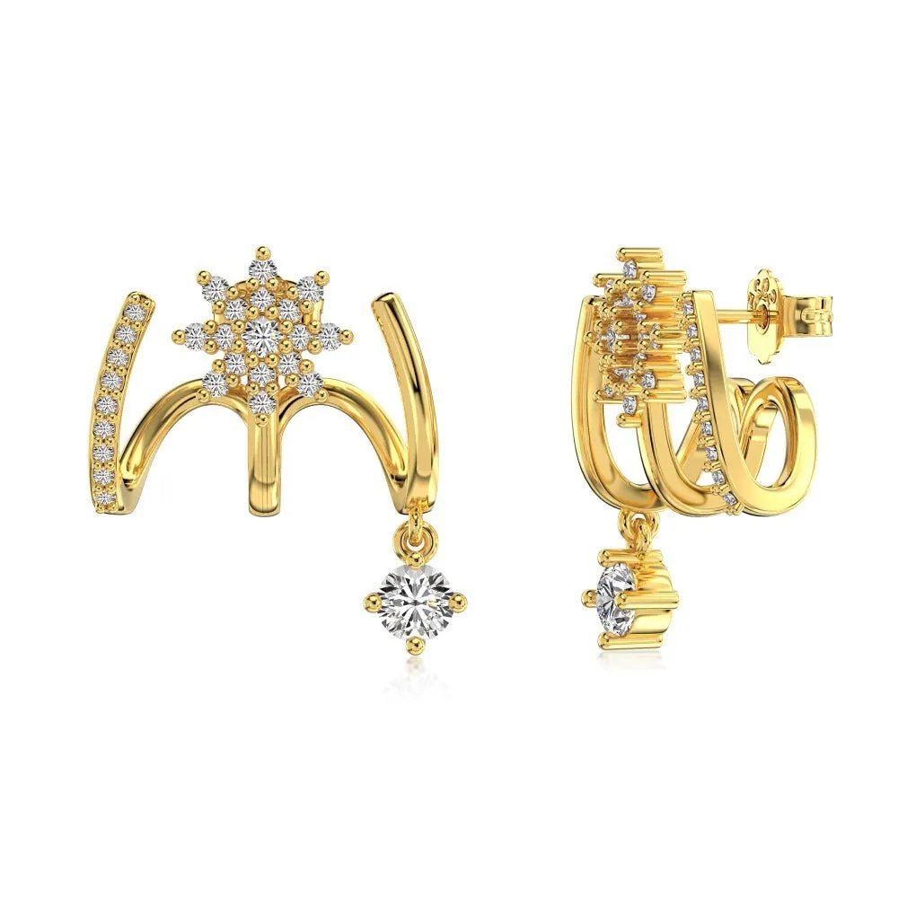 S925 sterling silver snowflake stud earrings in platinum finish with electroplated surface on white background
