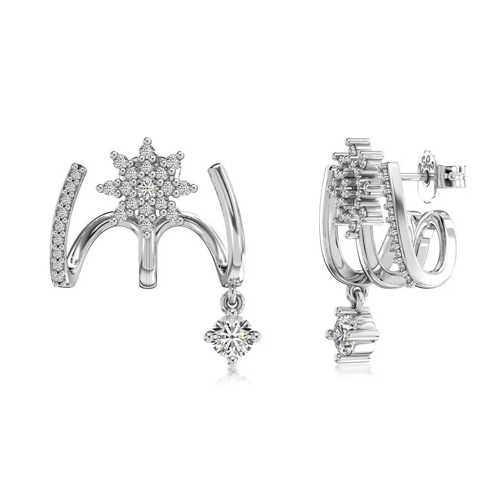 S925 sterling silver snowflake stud earrings in platinum finish with electroplated surface on white background