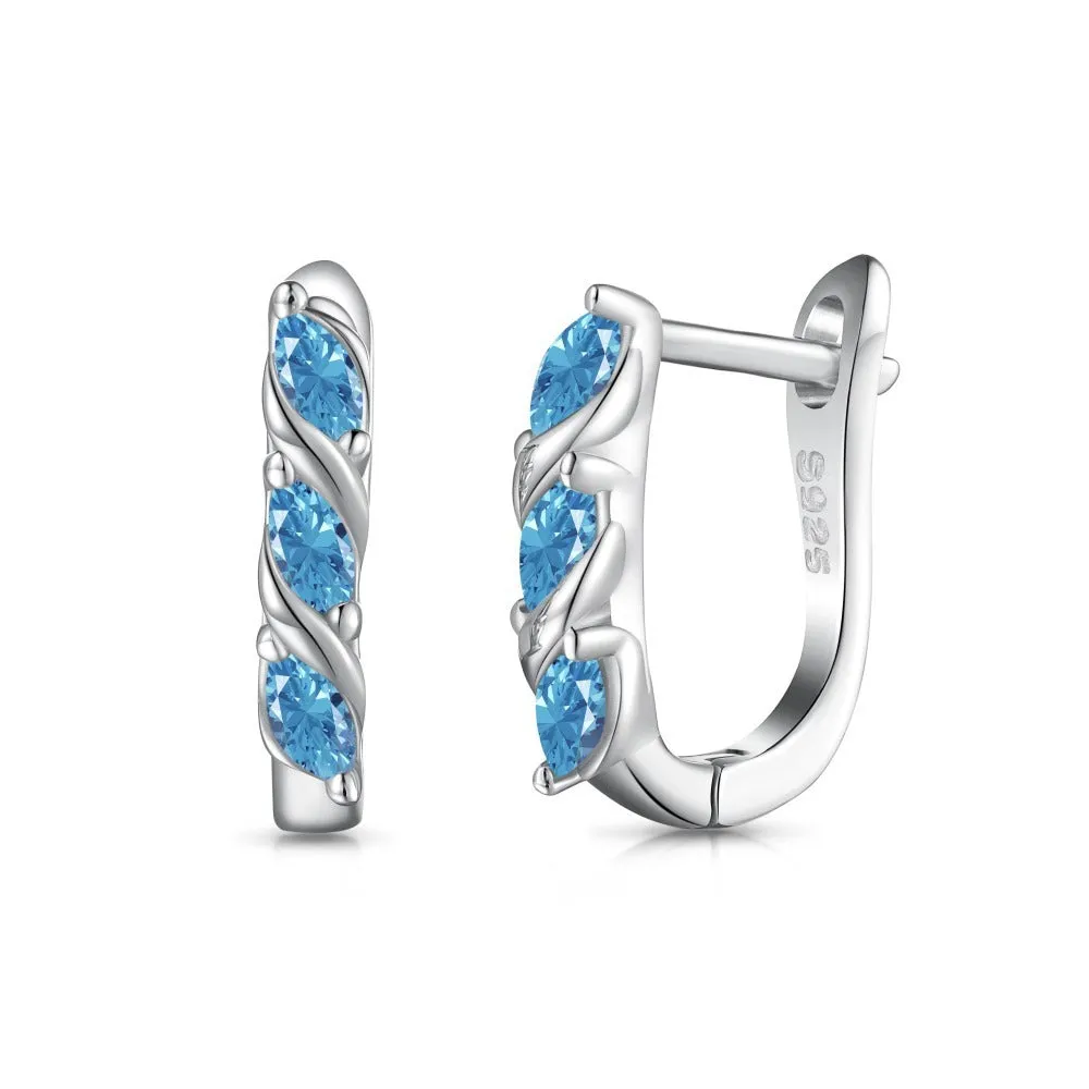 925 silver women's earrings with blue zircon inlay and platinum blue diamond electroplated finish in compact 3x14x15mm size.