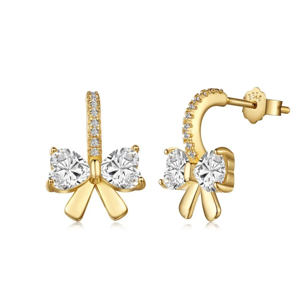 925 silver bowknot ear studs electroplated platinum finish on white background