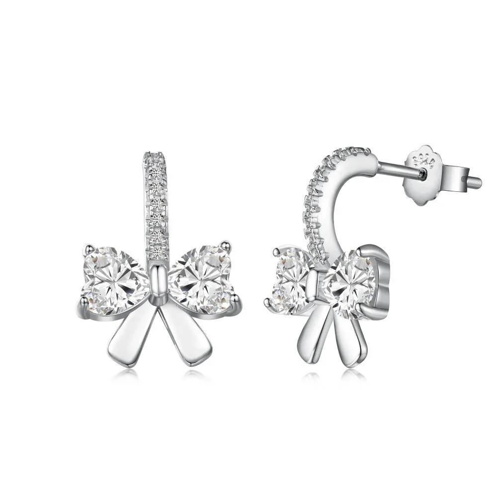 925 silver bowknot ear studs electroplated platinum finish on white background