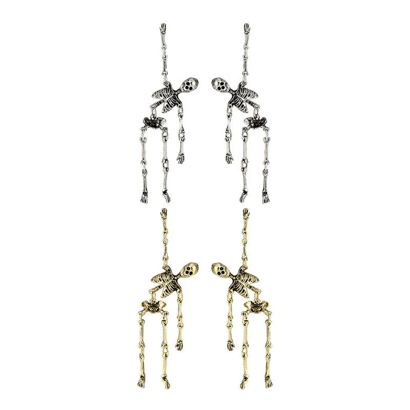 Exaggerated skull frame earrings in antique silver, zinc alloy electroplated finish, unisex design with hook fastening on white background