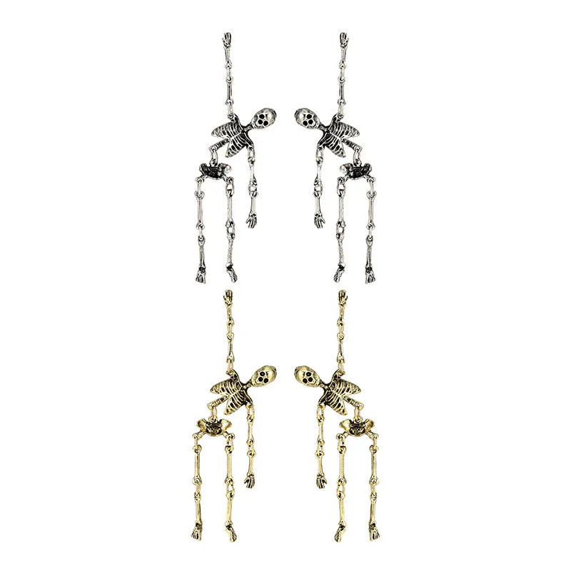 Exaggerated skull frame earrings in antique silver, zinc alloy electroplated finish, unisex design with hook fastening on white background