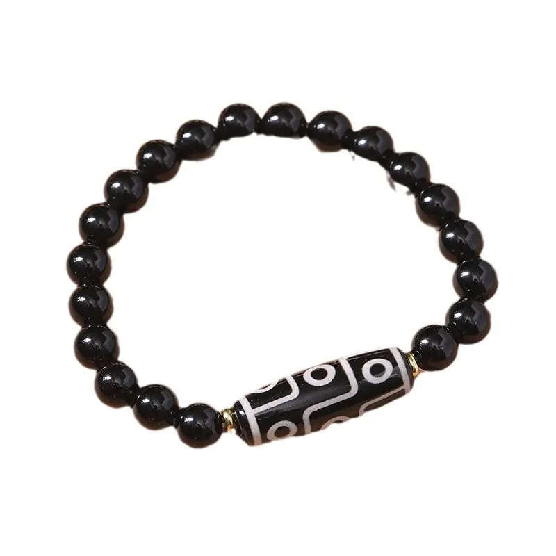 Tibetan Dzi bead bracelet made from obsidian agate with traditional ethnic patterns for unisex couple wear