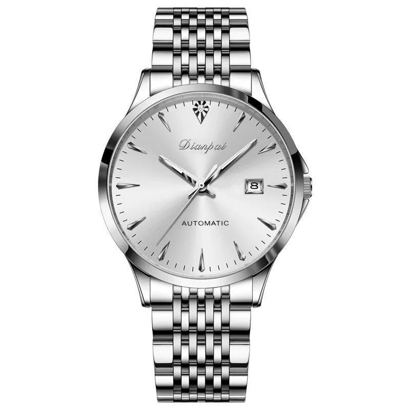 Men's stainless steel automatic mechanical watch with simple white dial on wrist.