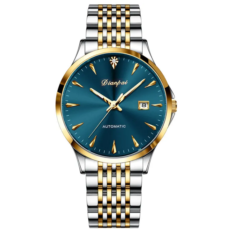 Men's stainless steel automatic mechanical watch with simple white dial on wrist.