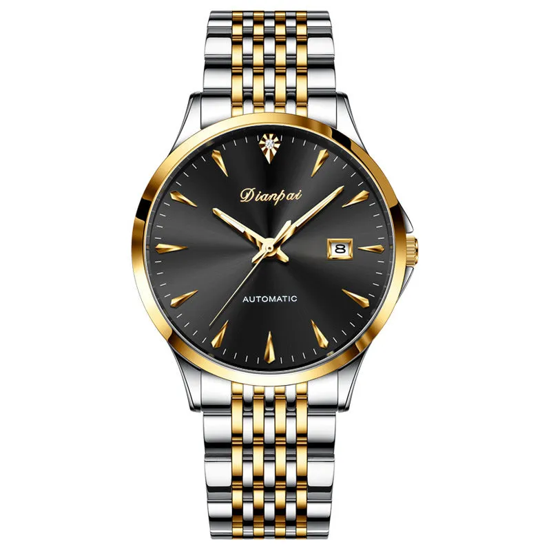 Men's stainless steel automatic mechanical watch with simple white dial on wrist.