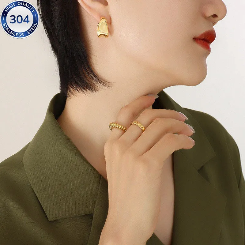 Women's retro special-shaped asymmetric stud earrings in 316 stainless steel electroplated gold finish