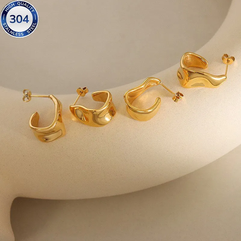 Women's retro special-shaped asymmetric stud earrings in 316 stainless steel electroplated gold finish