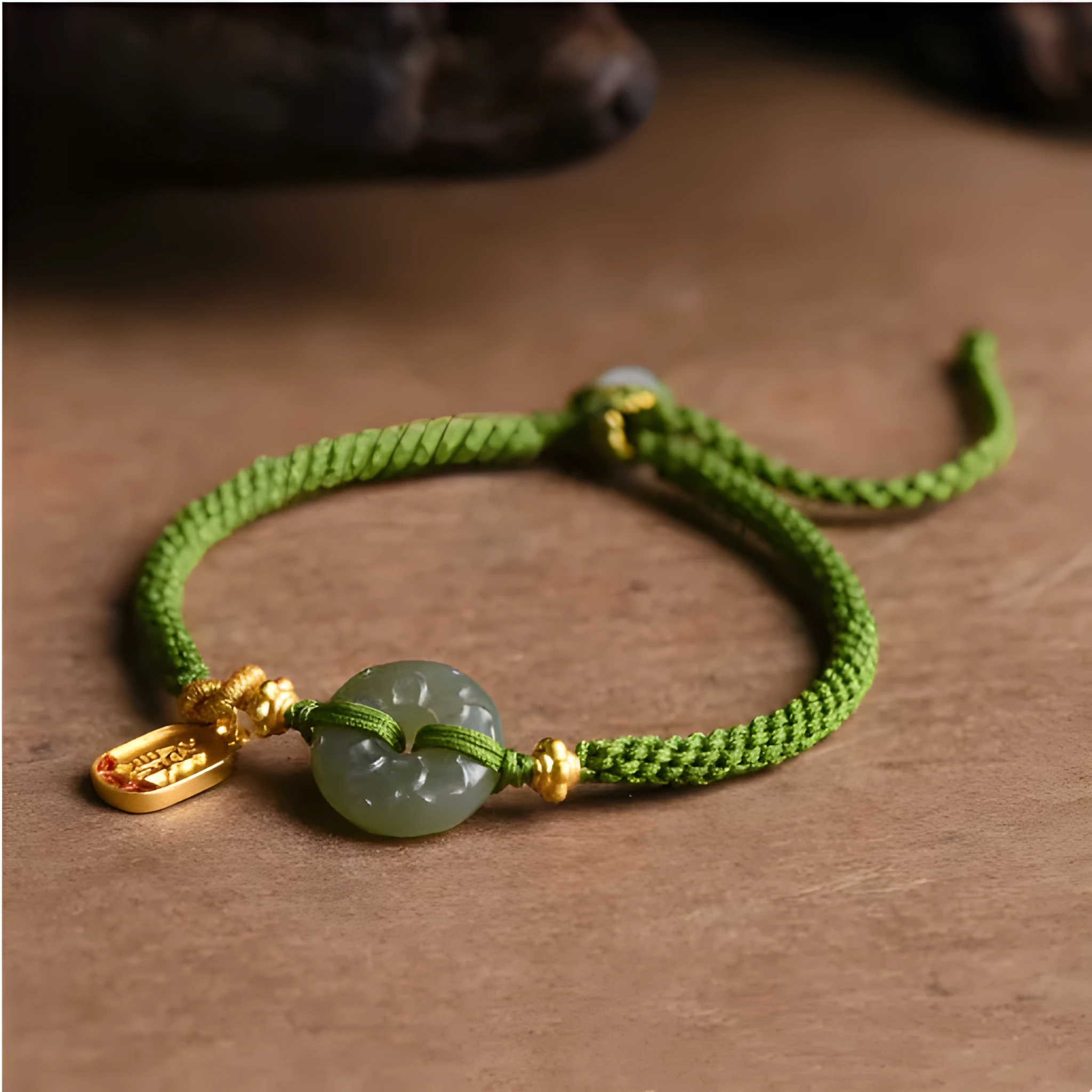 Close-up of a women's hand-woven green rope bracelet with a Hetian jade peace buckle charm.
